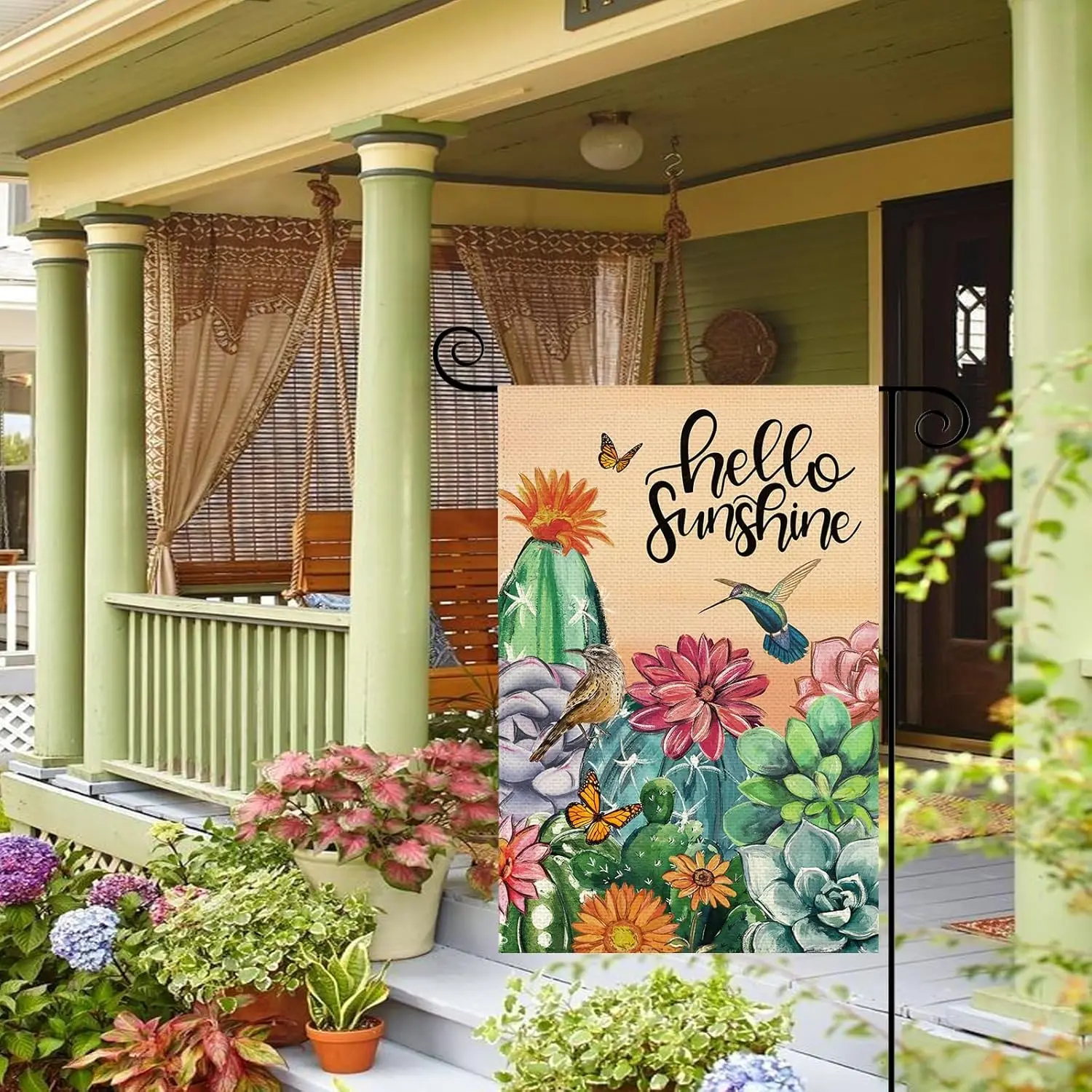 Spring Summer Hello Sunshine Cactus Garden Flag 12 x 18 Inch Double Sided, Hummingbird Succulents Flowers Burlap Small Yard  ZZM