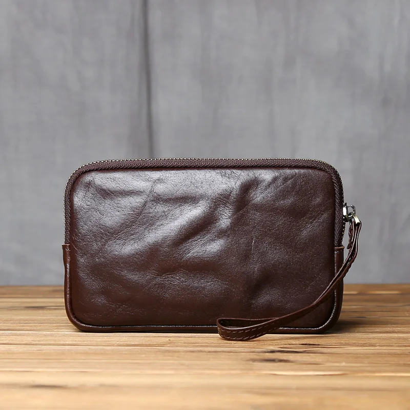 Vintage Genuine Leather Wallet for Men and Women, Head Layer Cowhide, Leisure Mobile Phone Bag, Bank Card Zipper, Wrist Wrap