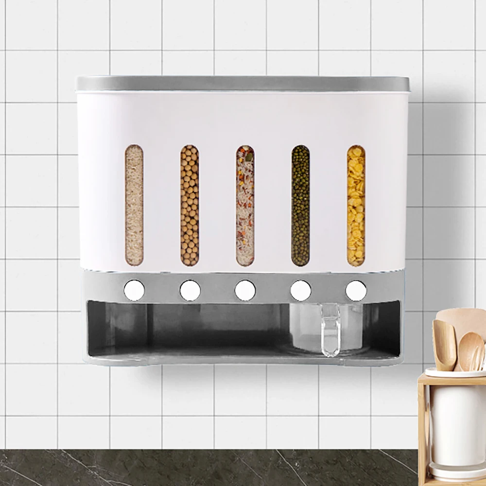 

Wall Mounted Cereal Dispenser 5 In 1 Grain Dispenser Kitchen Storage Dispensing Container Food Dispenser for Cereals Rice