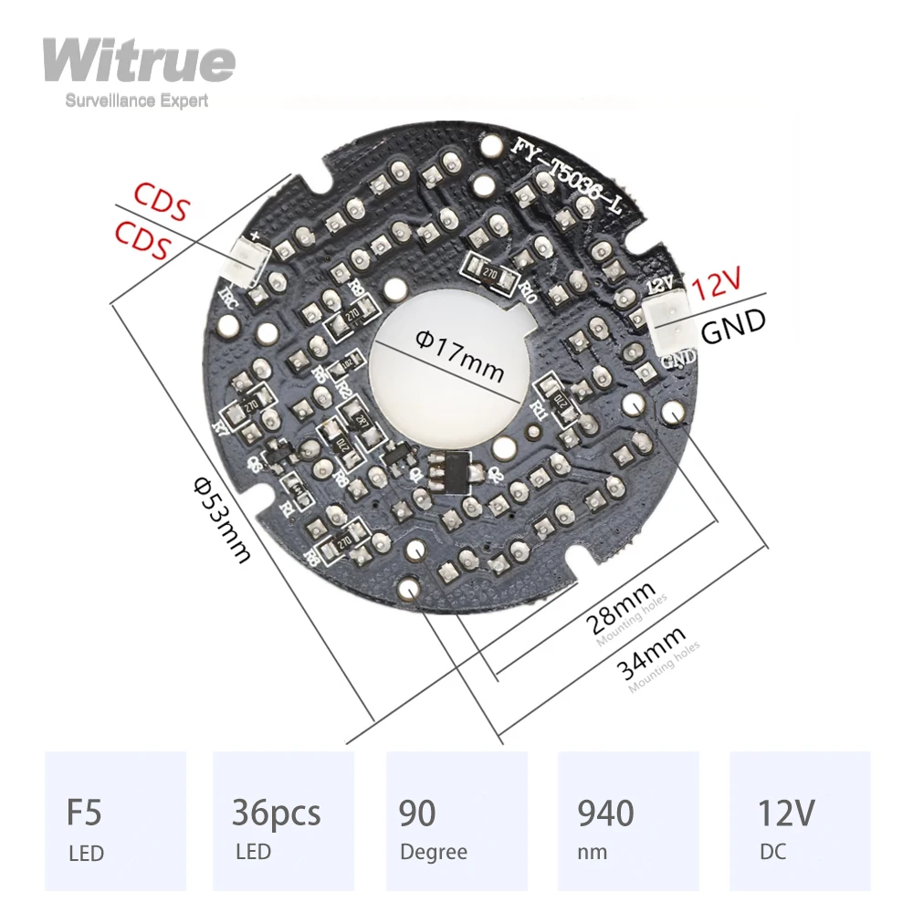Witrue IR LED Board 36 Grain 940nm 90 Degree Diameter 53MM DC 12V 0.25A CCTV Accessories for 2.8MM 3.6MM 4MM 6MMLens