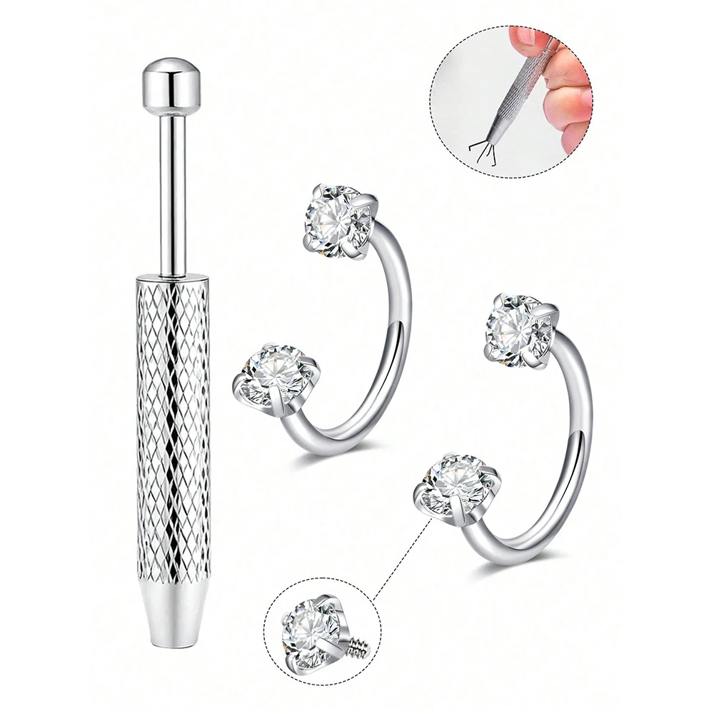 18G 2 Stück Hufeisen-Nasenringe mit 1 Stück Piercing Taper Ball Grabber, Edelstahl Doppel-Zirkonia-Nasenbolzen – Detail 6