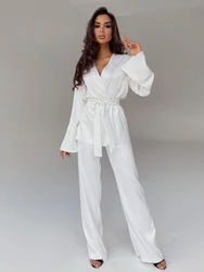 Pijama de cetim monocromático feminino, conjuntos completos de mangas, roupas femininas para casa, calças, camisolas, loungewear primavera, 2021