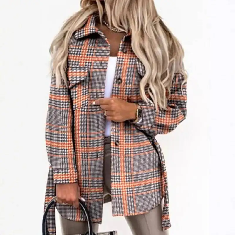 

Winter 2025 Autumn New Women's Lace-up Coat Fashion Long Sleeve Turn-down Collar Plaid Woolen Overcoat
