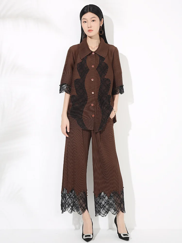 Set Sambungan Mode Kerut Celana Kaki Lurus Gantung Atasan Elastis Gesper Kerah Komuter Temperamen Kelas Atas Set Dua Potong