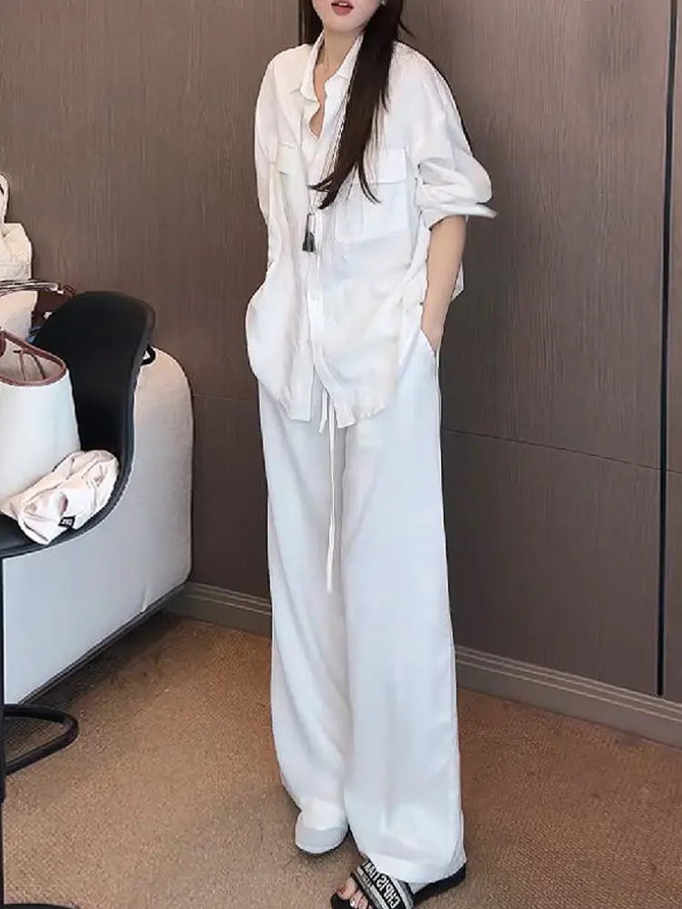 

Ladies Linen Cotton Blend Summer Fashion Sun Protection White Shirt Wide Leg Pants Set Casual Style High Waist Trousers