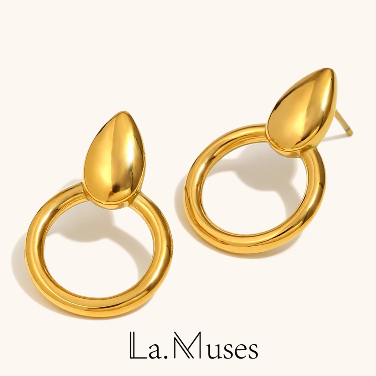 La. Muses Water Drop Ring Splicing Stainless Steel Women's Hoop Earrings 18KPVD Gold Plated Fashion Waterproof Jewelry Gifts