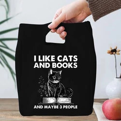 Thermal Bento Bag Cats and Books Print Women Insulation Portable Pouch Food Picnic Fresh Cooler Lunch Bag for School Student