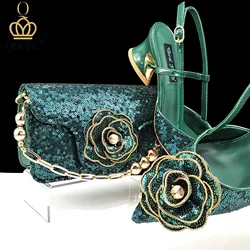 Hot Selling Special Full of Rhinestone Decoration Flower Design Style Party Pointed Toe Lady Shoes and Bag Set in Green Color