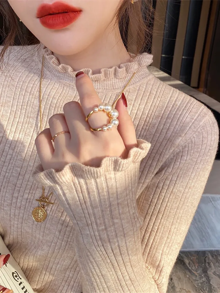 Sweter z golfem damski moda 2025 nowe elastyczne topy damskie dzianinowe pulowery z długim rękawem sweter dzianinowy bazowy