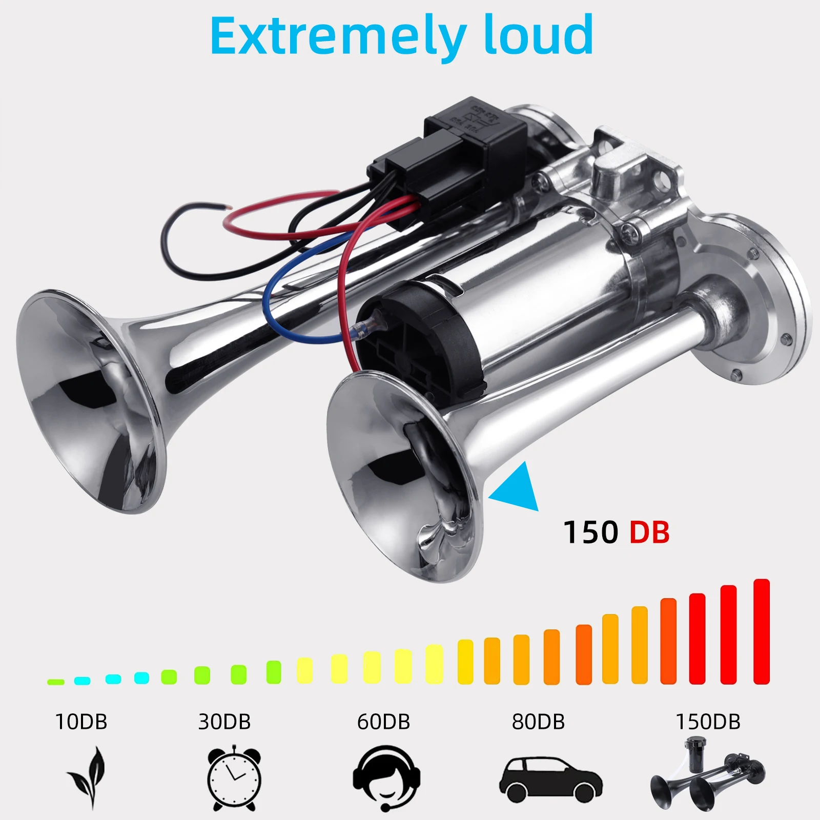 

Electric Air Horn 150DB Super Loud Train Horn Double Tube Zinc Horn with Compressor for All 12 V Vehicles Motorcycle Cars Boats