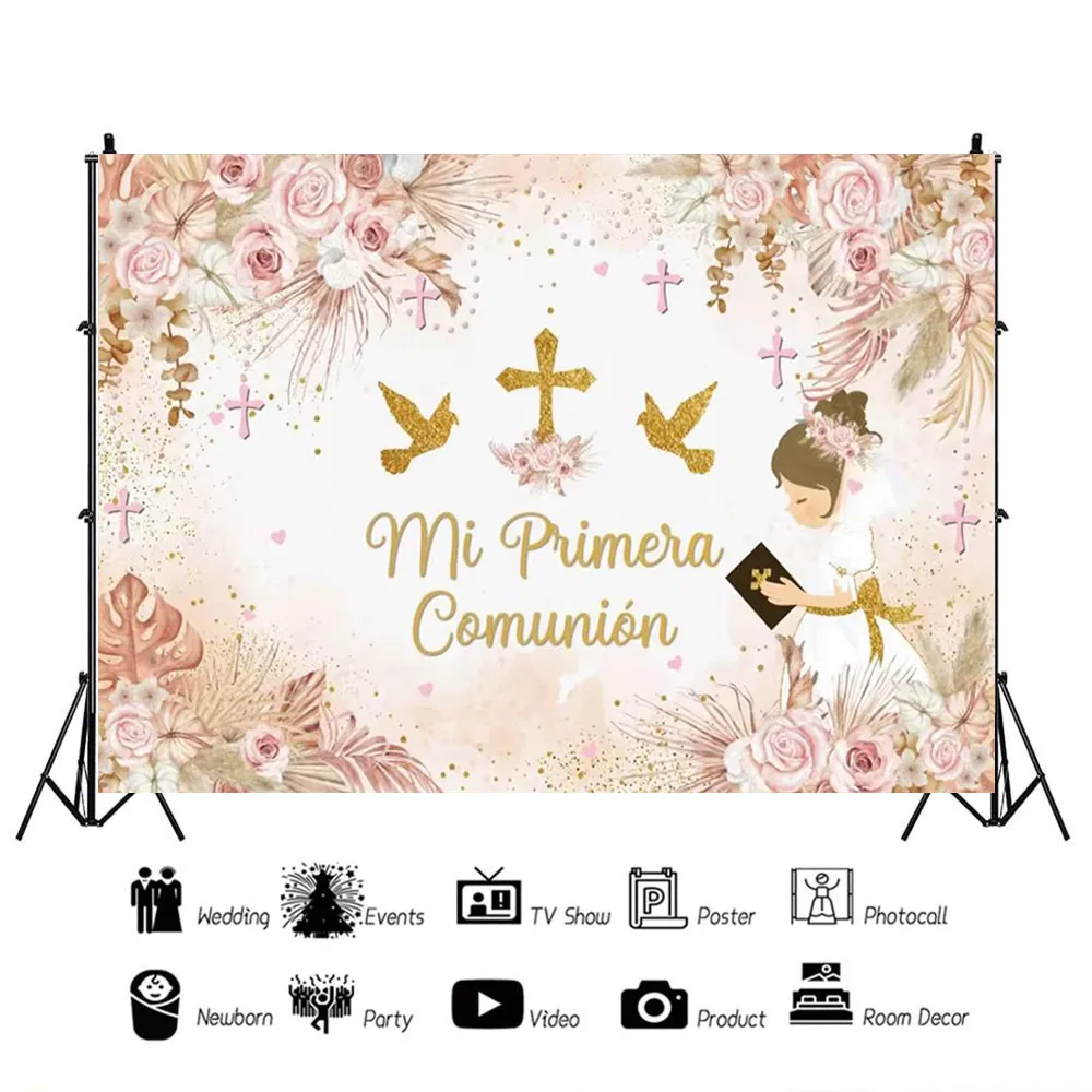 Baptism God Bless Boy Girls Theme My First Communion Background Gold Cross Angel Baby Shower Mi Bautizo Party Decor Supplies