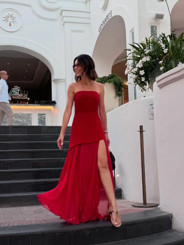 

Elegant Solid Patchwork Women Dress Chic Backless Off Shoulder See Through Skinny Split Vestidos New Fashion Lady Wedding Gowns