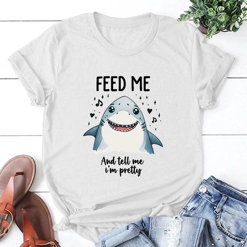 Hot Shark Feed Me Tell Me I'm Beautiful Printed Unisex T-shirt Loose Short Sleeved Harajuku Casual Top for Women Graphic T Shirt