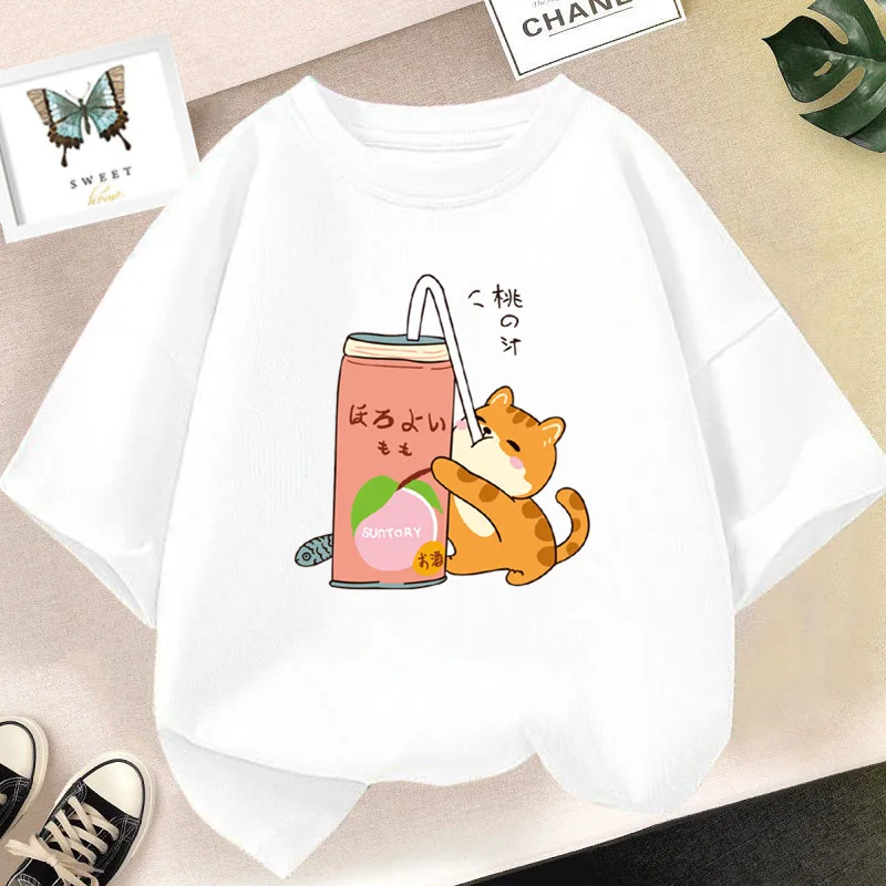 Cute Cat Drinking Milk Tea Kawaii Clothes Tops Harajuku Funny Cartoon Short Sleeve Summer Fashion T-shirt Tops