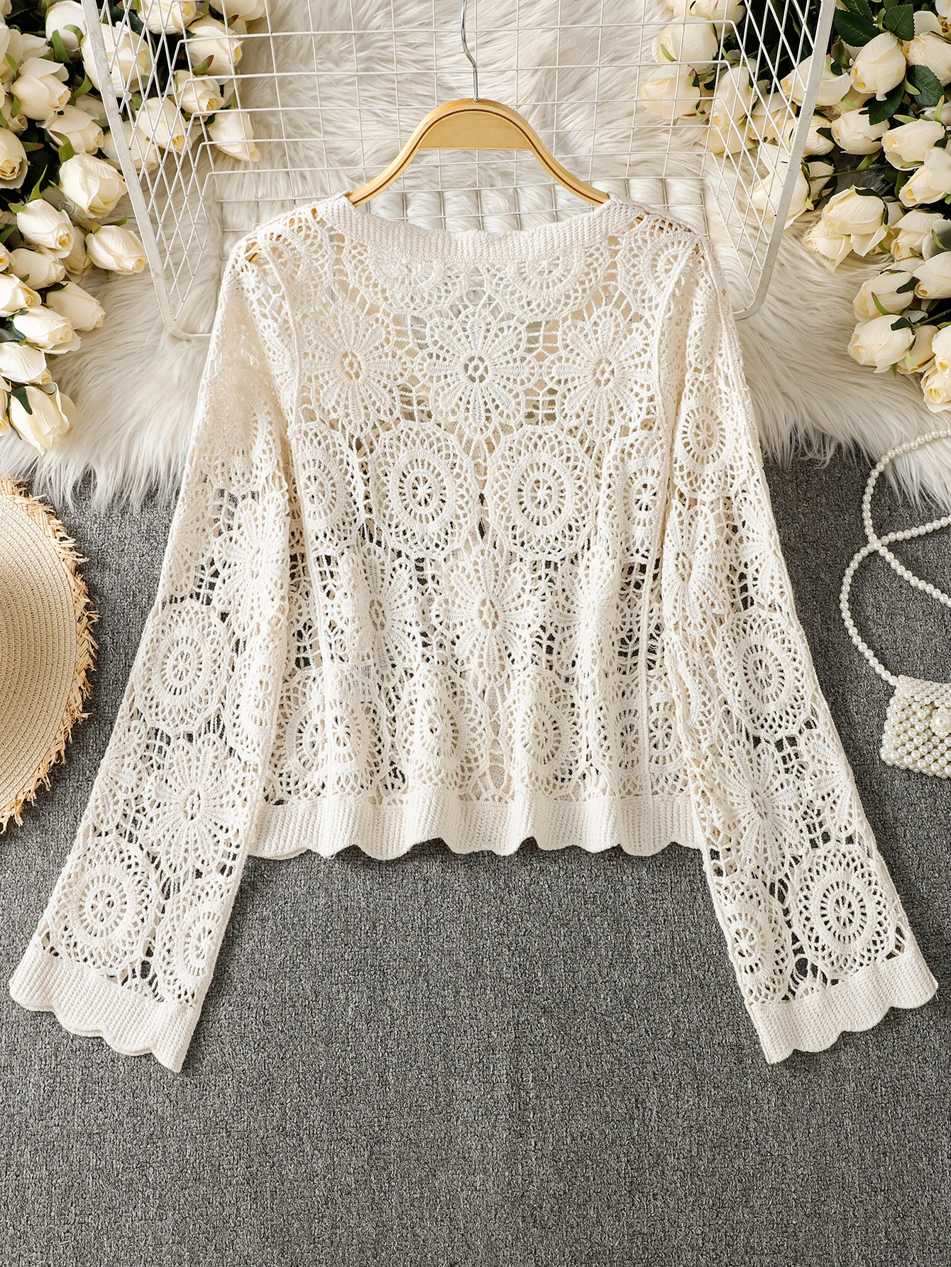 Long Sleeve Crochet Knitted Cardigan Open Front  Knitwear for Women Comfortable Breathable Casual Style