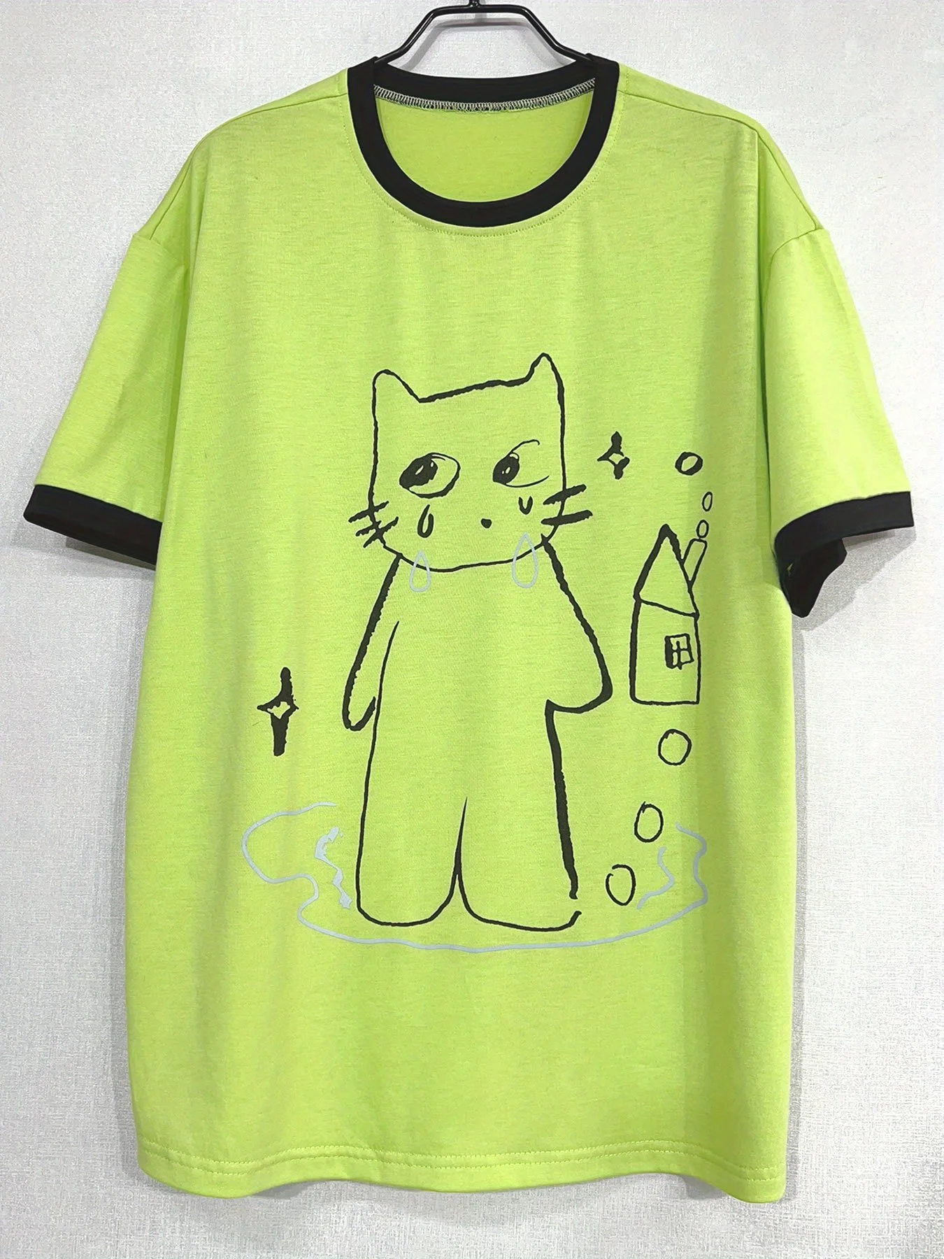 Retro K-Pop Inspired Women's Men's Lime Green Cat & Geometric Print T-Shirt Short Sleeve Round Neck Casual Top
