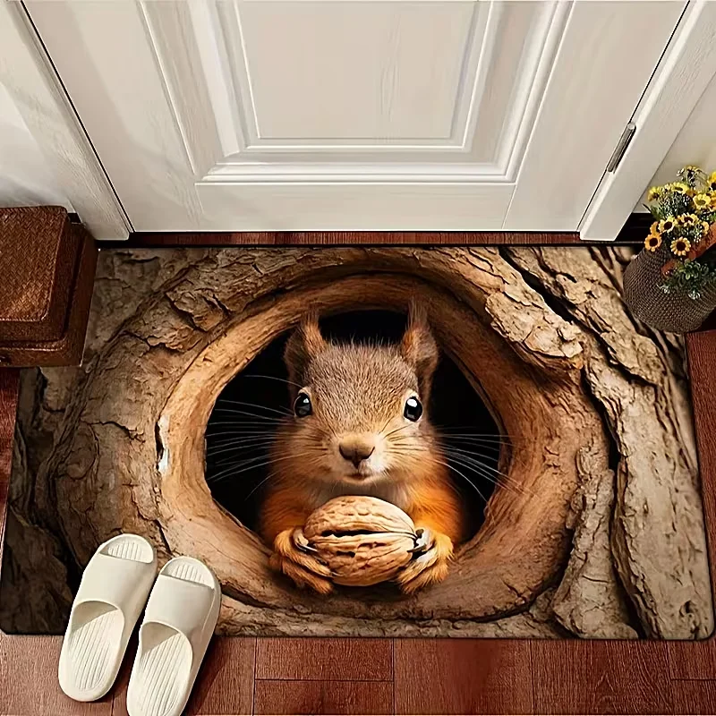 3D Tree Hole Design Door Mat Cute Animal Design Squirrel Pattern Carpet Home Decor Anti-slip Rug for Entryway Living Room