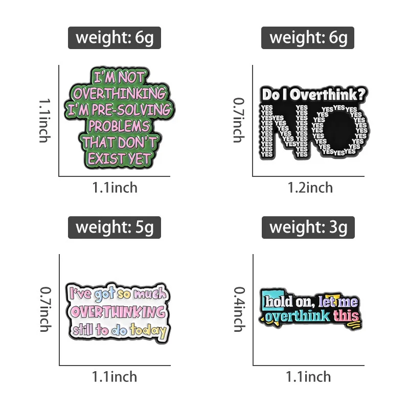 4pcs Cute Cartoon Overthinking Enamel Brooch Creative Fun Text Lapel Pin Metal Badge Jewelry Gift for Friend