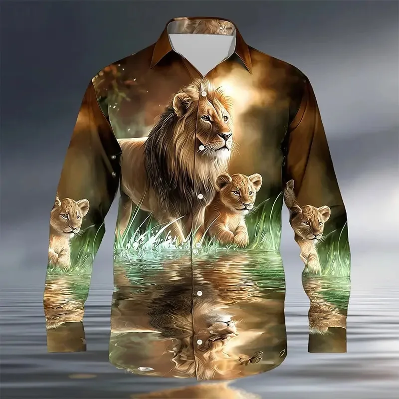 Męska koszula z nadrukiem 3D, motyw zwierzęcy, lew, natura, moda 2025, zapinana na guziki, codzienna koszula z długim rękawem, bluzka streetwear dla mężczyzn.