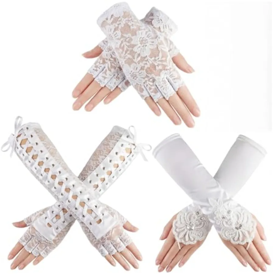 SATINIOR 3 Pairs Women Gothic Gloves Lace Fingerless Gloves Wedding Bridal Tea Party Decor Cosplay Costume Accessories