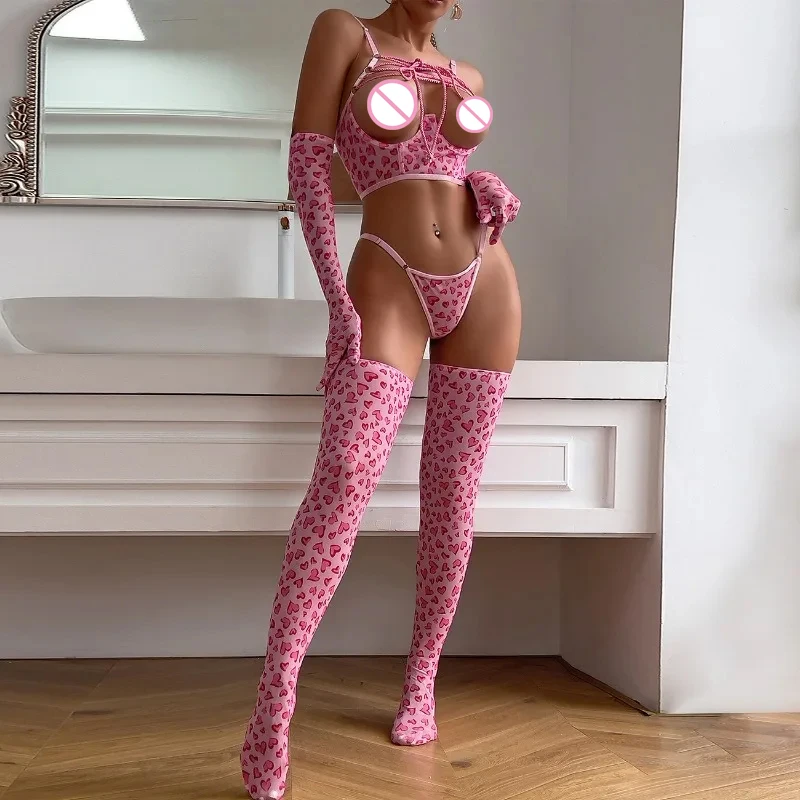 Toucheart Sexy Heart Shape Bondage Lingerie Set Women Gloves and Stockings Underwear Lace Up Patchwork Sexy Hollow Out Bra Suit