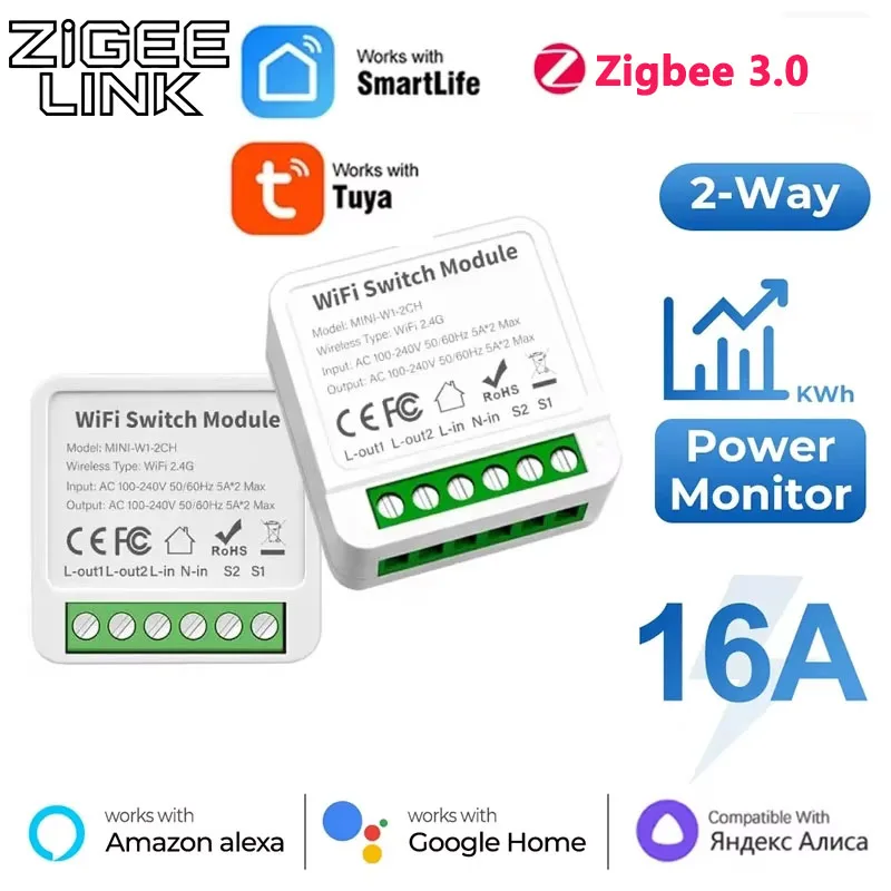 1/10PCS Tuya ZigBee 3.0 Smart Switch 16A 2-Way Control Module On / Off Breaker Wireless Remote Voice Control Alexa Google Home