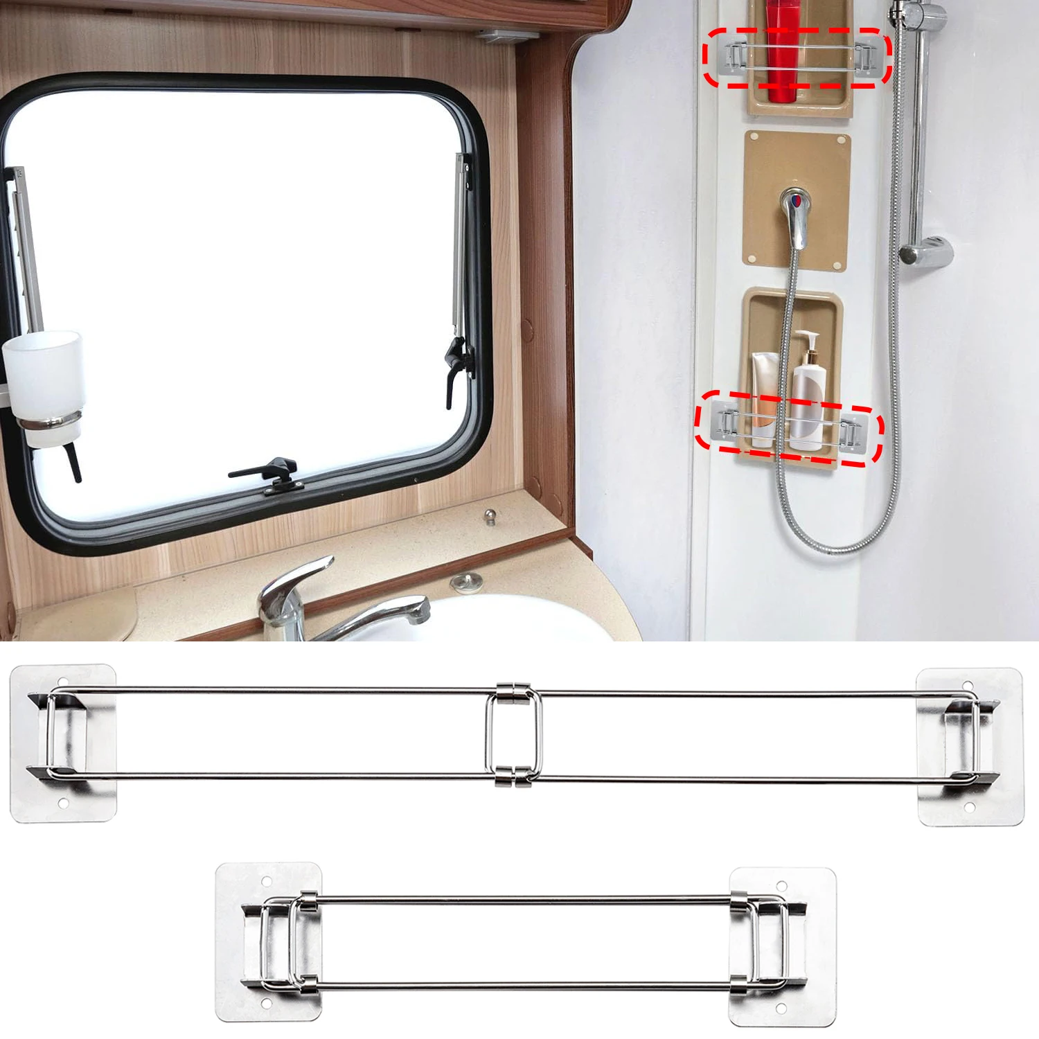 

2 шт., угловой бар для хранения душа на автофургоне, кемпер, дорожный прицеп, караван, регулируемая защитная полка для ванны и душа