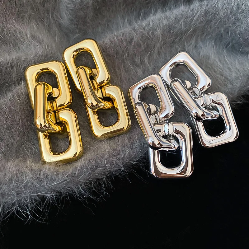 Classic Retro Rectangular Chain Earrings for Women Exaggerated Geometric Gold Silver Color Dangle Earrings Fine Jewelry Gifts