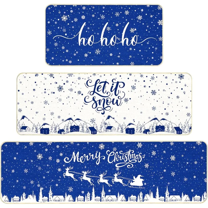 

3 Navy Blue Christmas Happy Snowflakes Kitchen Carpet Home Bathroom Party Decorations