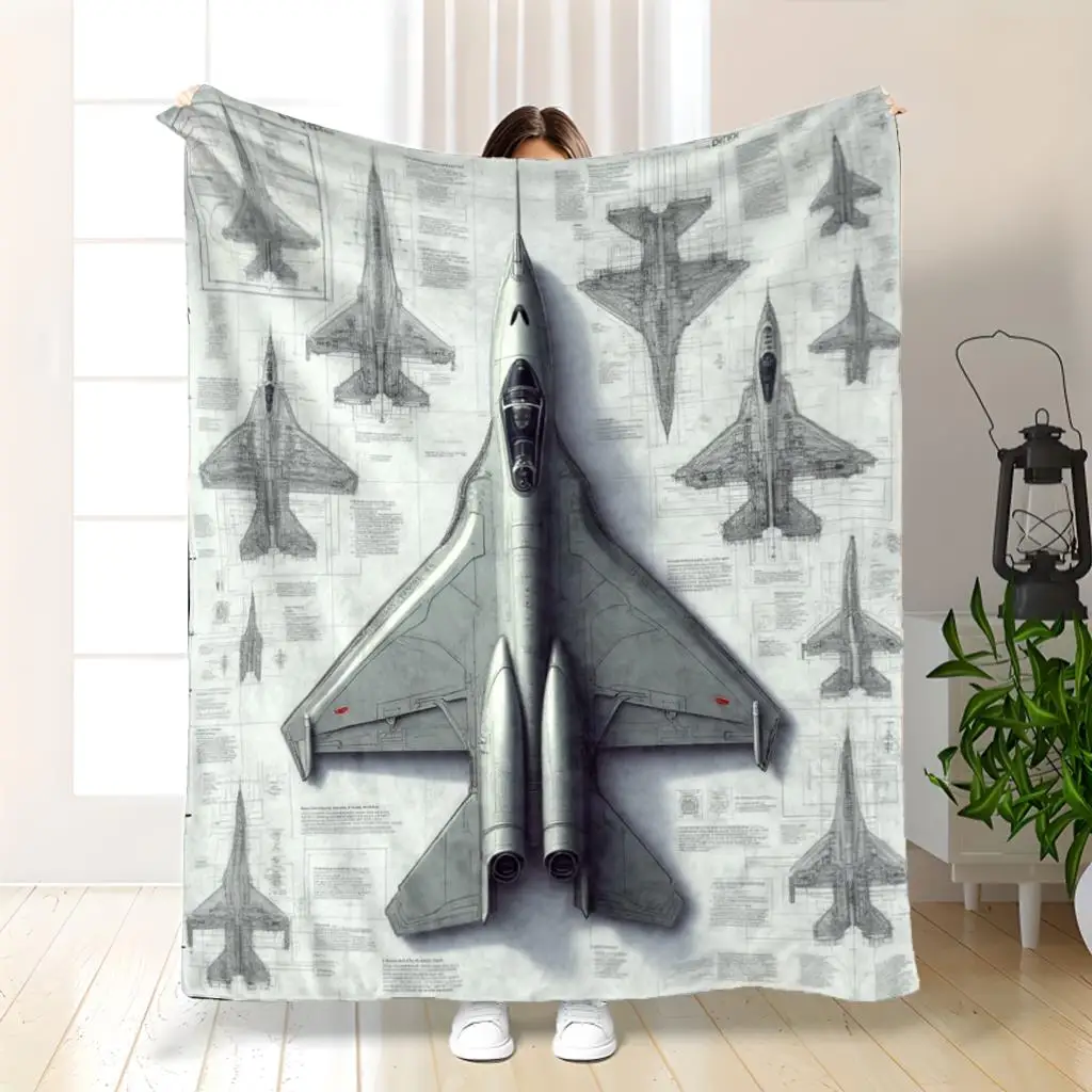 Extra Large Aircraft Blueprint Fighter Jet Diagram Blanket Throw 150x200cm Aviation Military Style Decor Gift