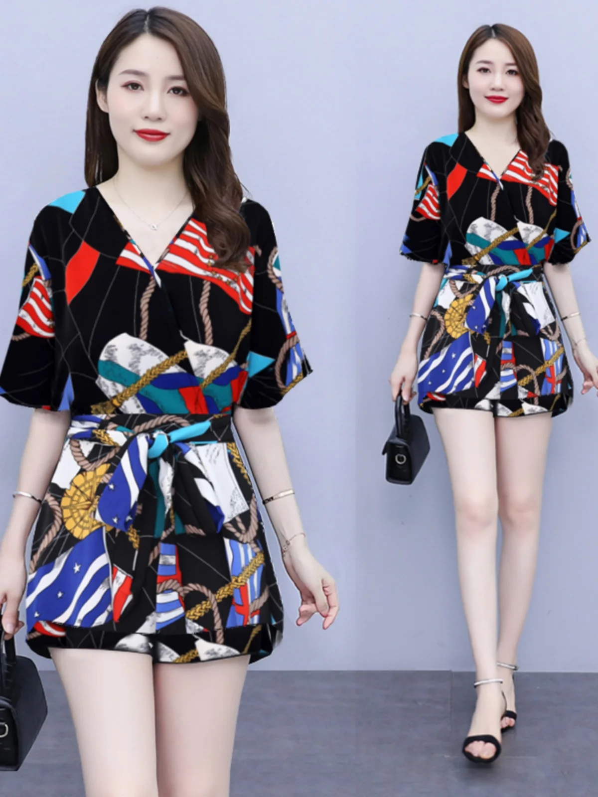 plus Size Women's Fashionable Summer Outfit Short Sleeve Chiffon Dress Slimming Top And Shorts Set for Plump MM Polyester Fabric