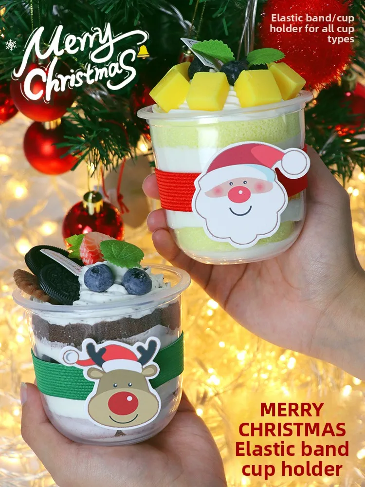 Portavasos elástico desechable con diseño de árbol, ciervo, anillo de mano, fresa y noche tranquila, banda elástica para té con leche