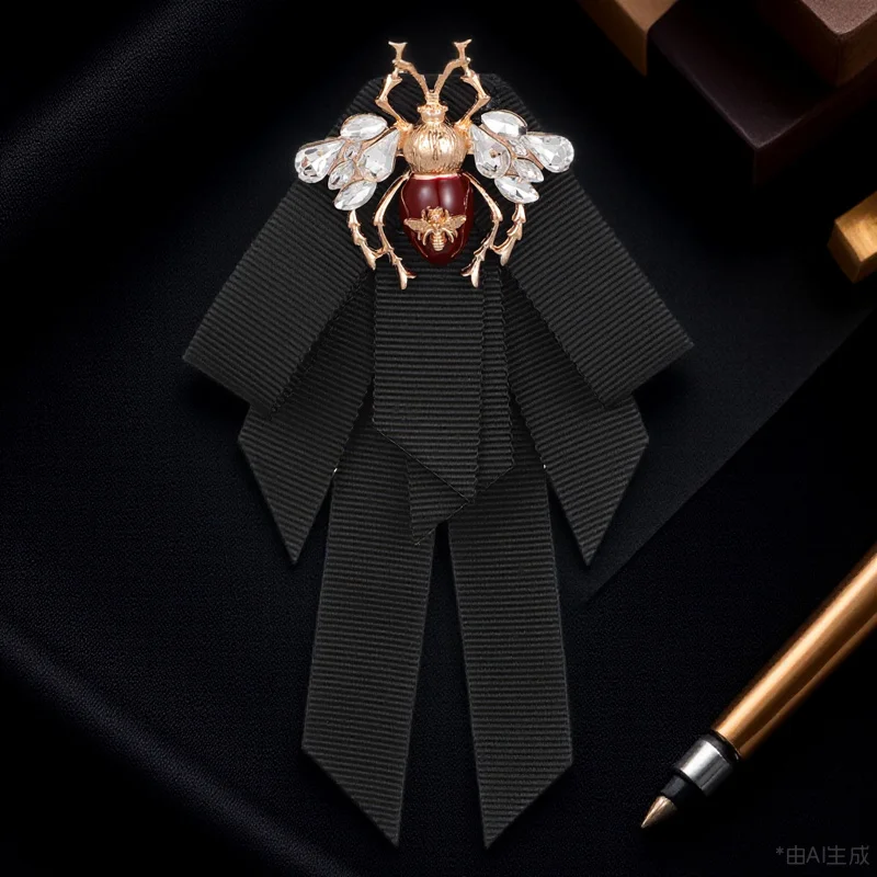 

Retro Bee Bowtie Brooch Pin Pre-Tied Neck Tie Women Black Chic Ornament for Shirts Skirts Stand-Up Collar