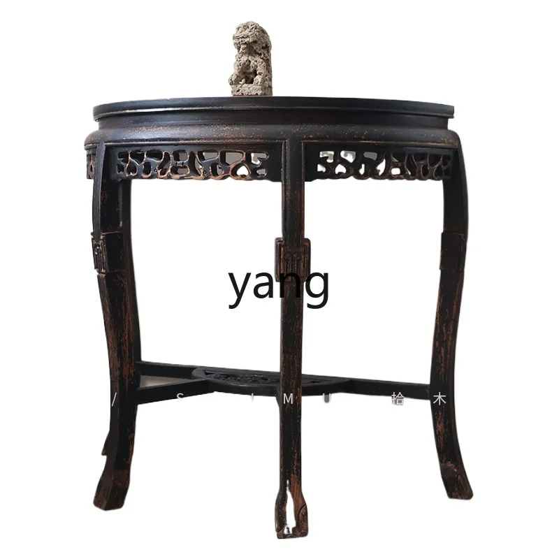 

LT solid wood Chinese crescent moon table round table Xuanguan platform antique and old flowers