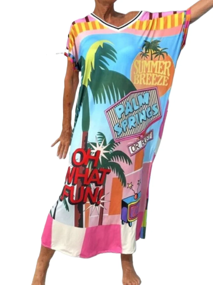 여성용 패션 프린트 루즈 드레스 캐주얼 반팔 브이넥 풀오버 드레스 여성 보헤미안 휴가 비치 스커트 로브 여성 의류