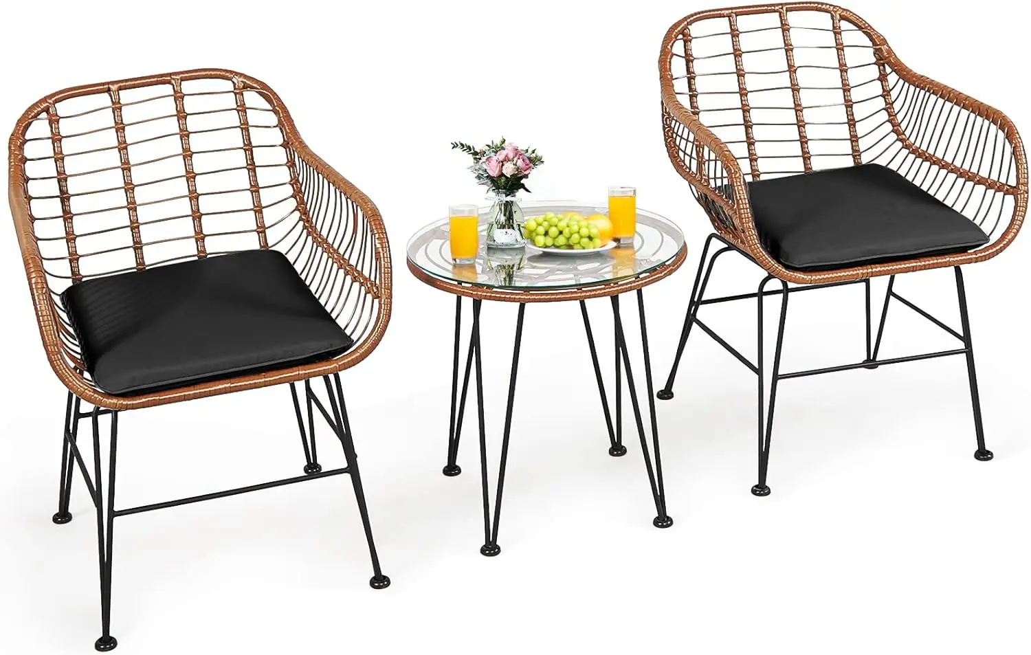 3 Stuks Patio Conversatie Bistro Set, Buiten Rieten Meubels Met Ronde Gehard Tafel En 2 Rotan Fauteuils (Geel)