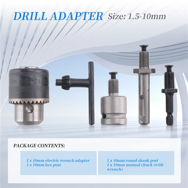 

5Pcs 1.5-10Mm 3/8-24UNF Drill Chuck Set Drill Adapter Changed Impact Wrench Into Eletric Drill Chuck Drill Tool Kits