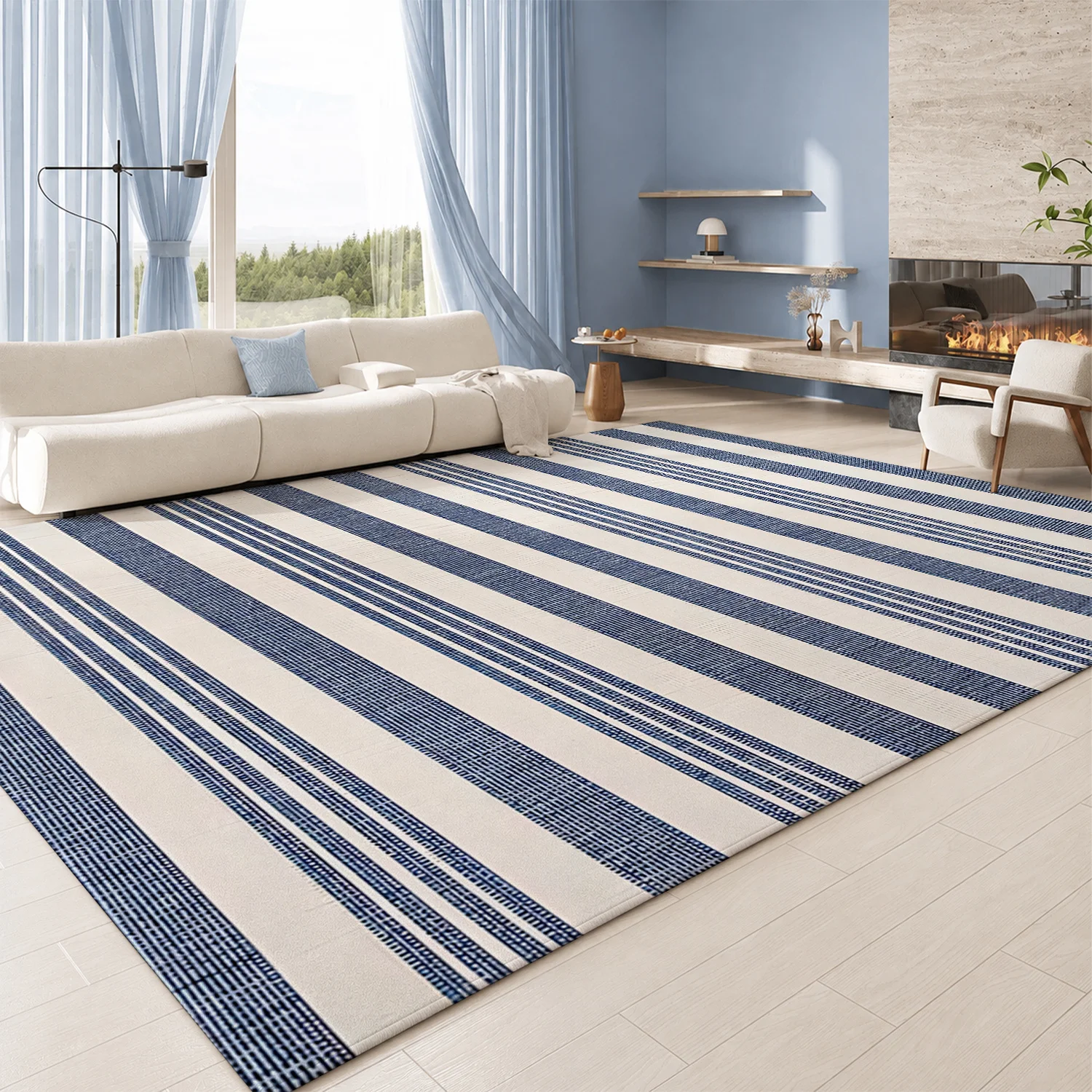 Large Indoor Area Rug, Soft Velvet Low Pile Rug with Non-Slip Dotted Backing, Machine Washable Navy Blue White Vertical Stripe Floor Rug for Living Room, Bedroom, Dining Room and Home Decor Accents