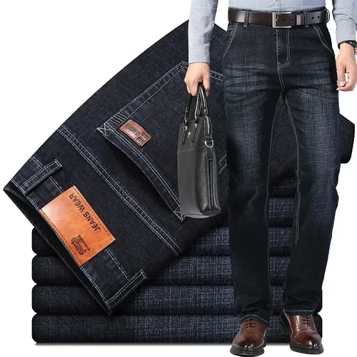 Imagen 2 del producto Pantalones Vaqueros Elásticos para Hombre, Corte Regular, Estilo Clásico, Casual de Negocios, Moda 2026, Color Negro, Azul y Gris