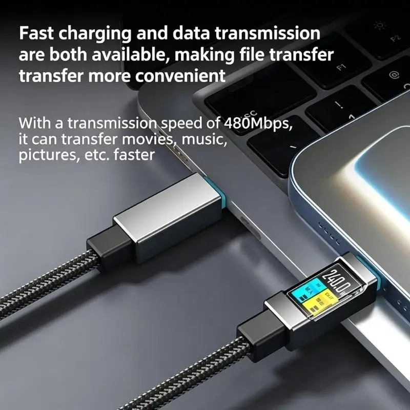 CORA 1.5M USB C Data Cable with 240W Fast Charging, Textile Type C to Type C Cord for Desk Area, Bedside Reach, Travel and
