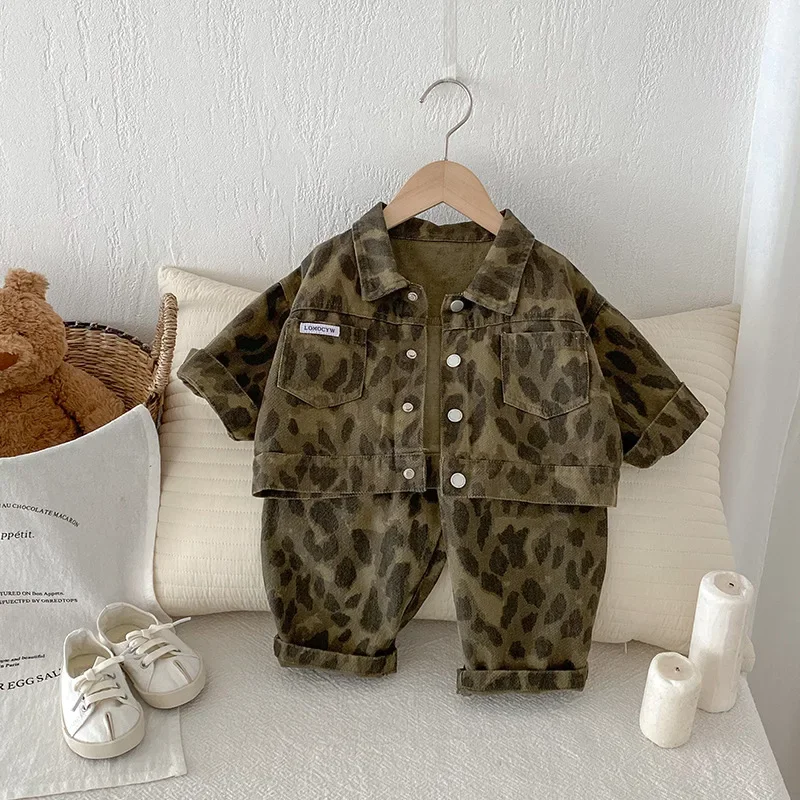 

Children Clothing Boys Handsome Coat Casual Pants Two Piece Set 2024 Spring Autumn New Boys Baby Fashion Leopard Print Suit