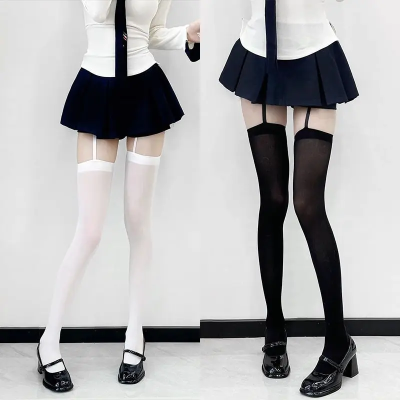 Sexy Suspender Thigh High Stockings Velvet Thin Black White Irregular Exposed Skin Lolita JK Japanese Knee High Socks Tight image 3