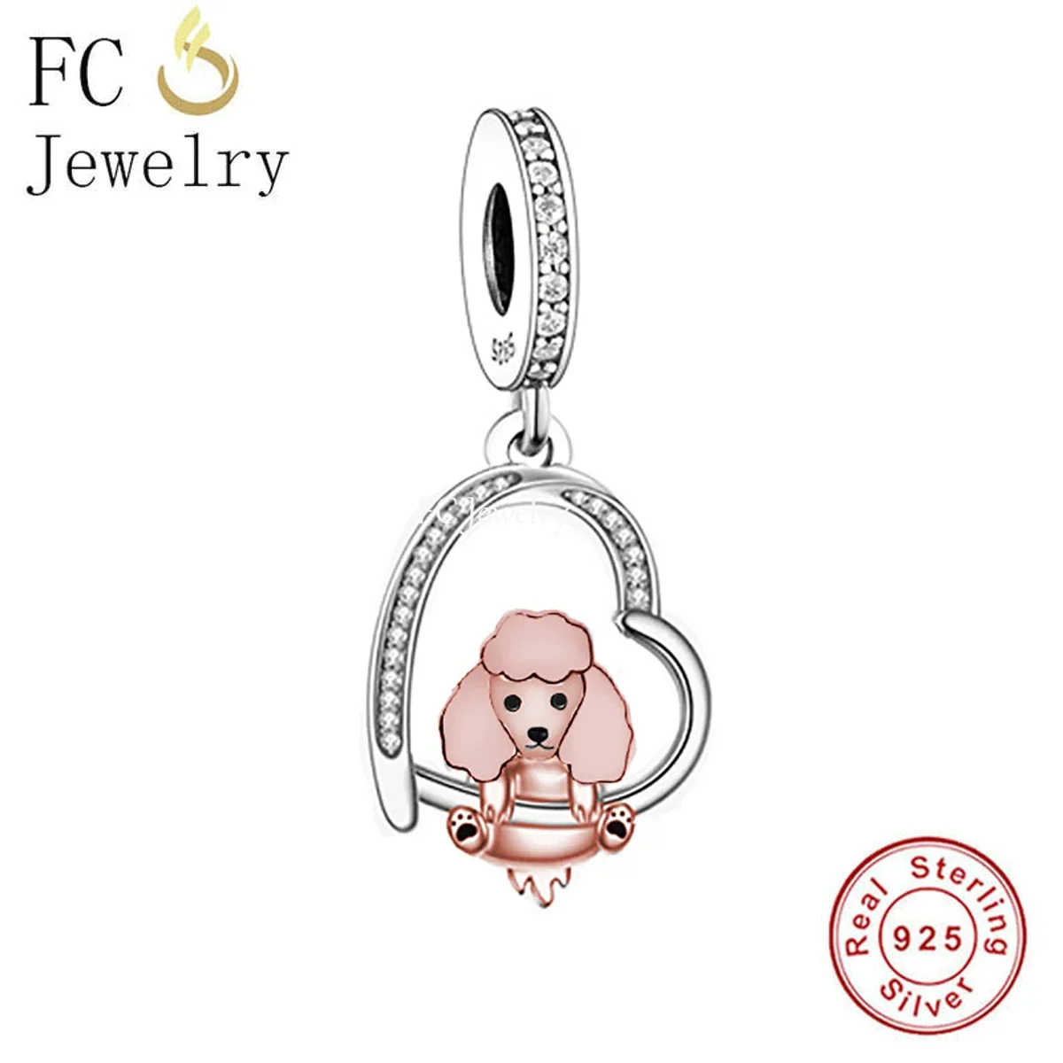 Fit Original Pan Charm Bracelet 925 Sterling Silver Heart Hanging Poodle Dog Puppy Bead For Making Women Berloque DIY