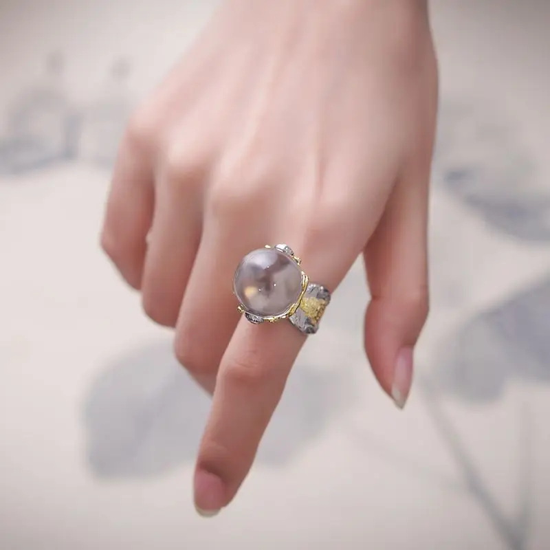 Retro Wide Face Phoenix Zaji Lam ring Silver White Crystal Ball Wealth God personalized rings jewelry
