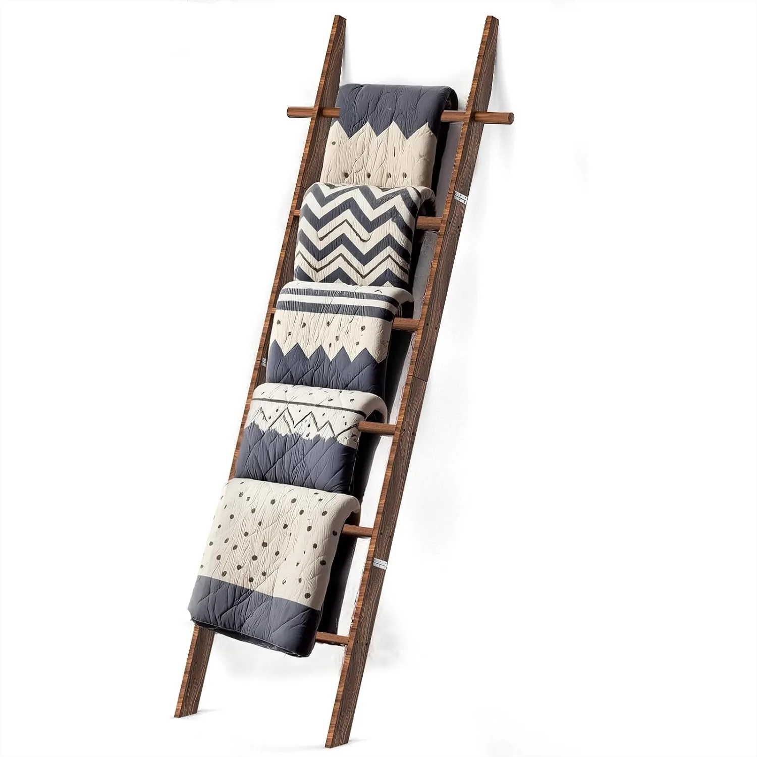 

Farmhouse Wooden Blanket Ladder with Removable Hooks, 6-Tier Rustic Rack Stand for Towels Quilts, Living Room Decor