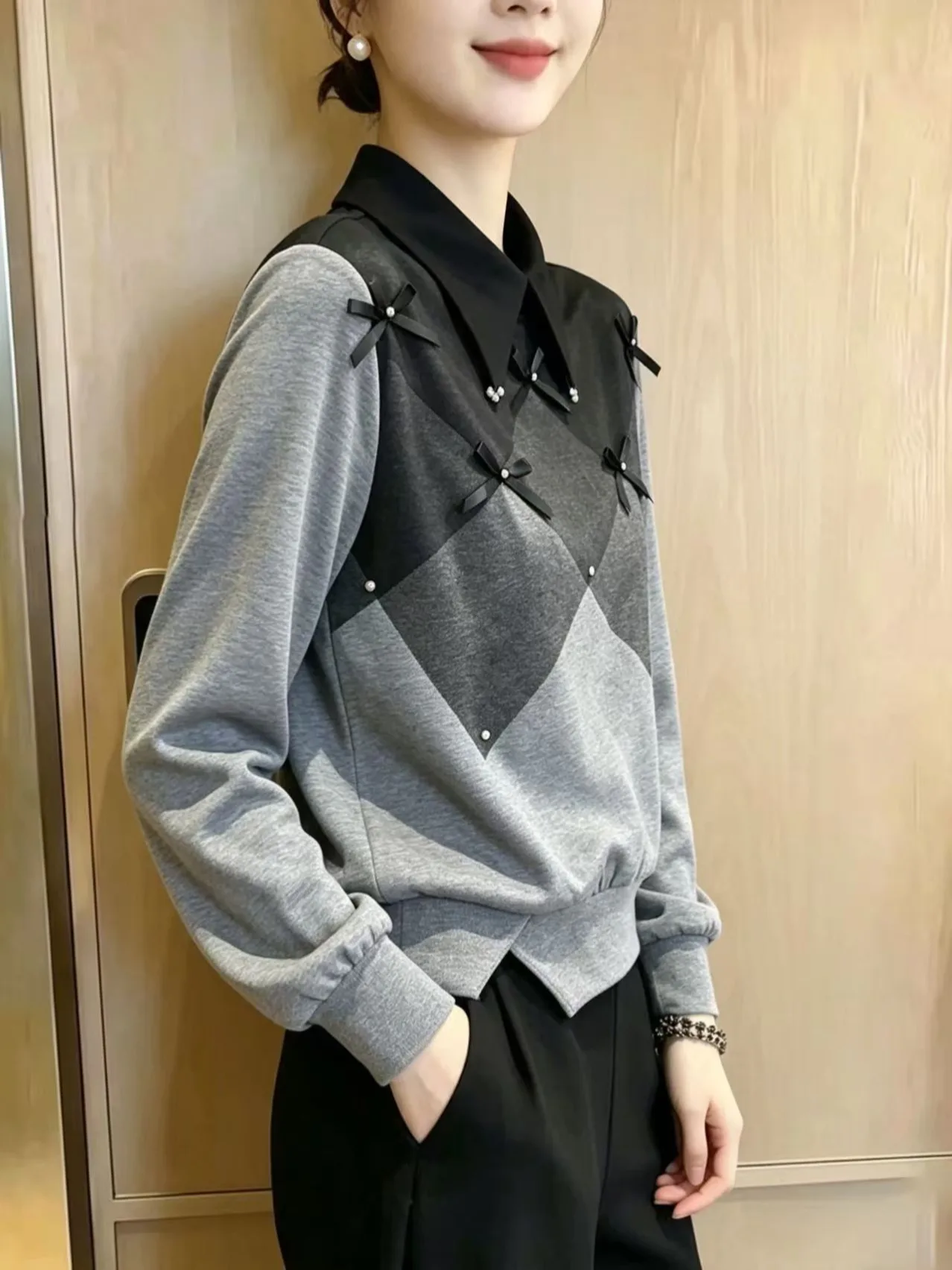 Turn-down Collar Patchwork Plaid Bow Tie Long Sleeve Top Waist Cinched Irregular Hem Anti-aging Elegance Small Shirt