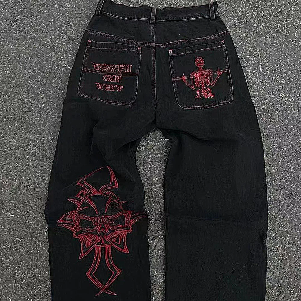 Mens Y2k Skull Embroidered Casual Trousers 2024 New American Harajuku Streetwear Personality Youth Trend Straight Pants Unisex