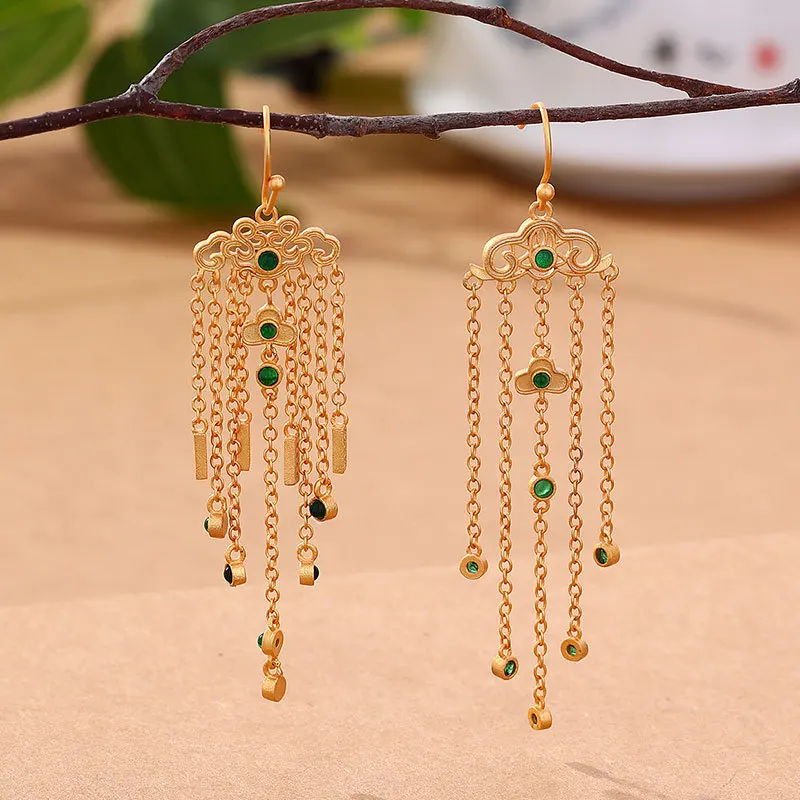 

Auspicious Clouds Tassel Earrings for Women Ancient Gold Craft Vintage Green Crystal Drop Earings Court Style Jewelry