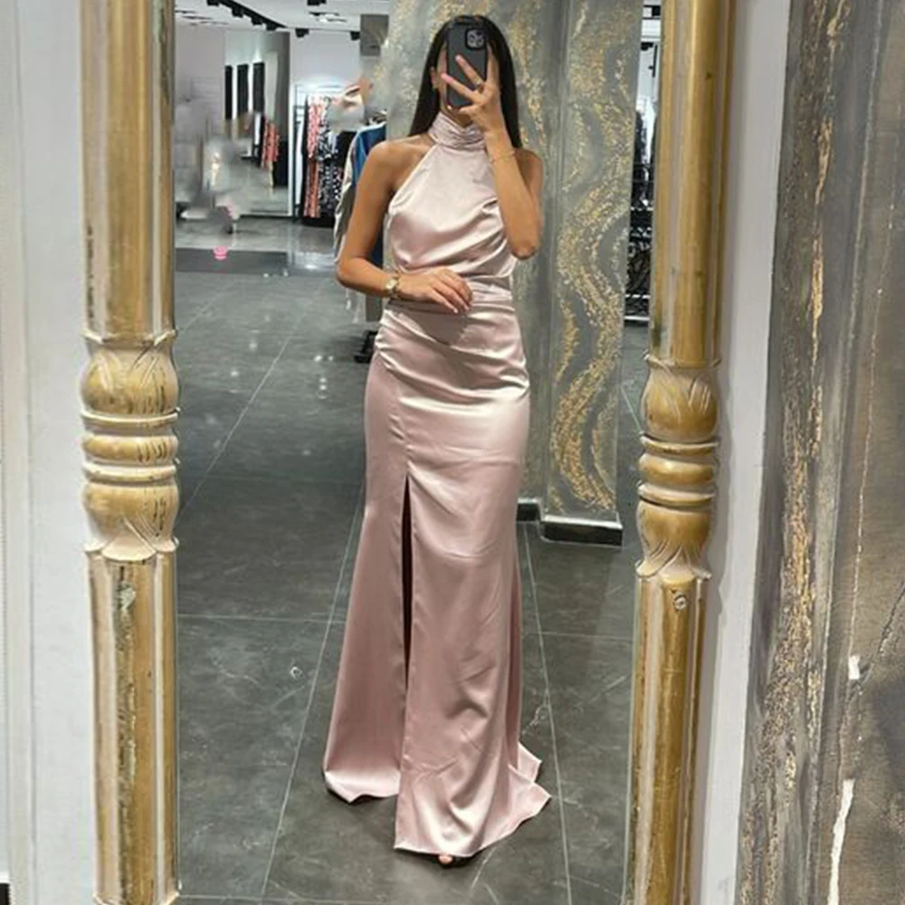 

Pink Satin Evening Dresses for Women 2023 Halter Floor Length Side Split Sexy Prom Gowns Mermaid Simple Backless فستان سهرة