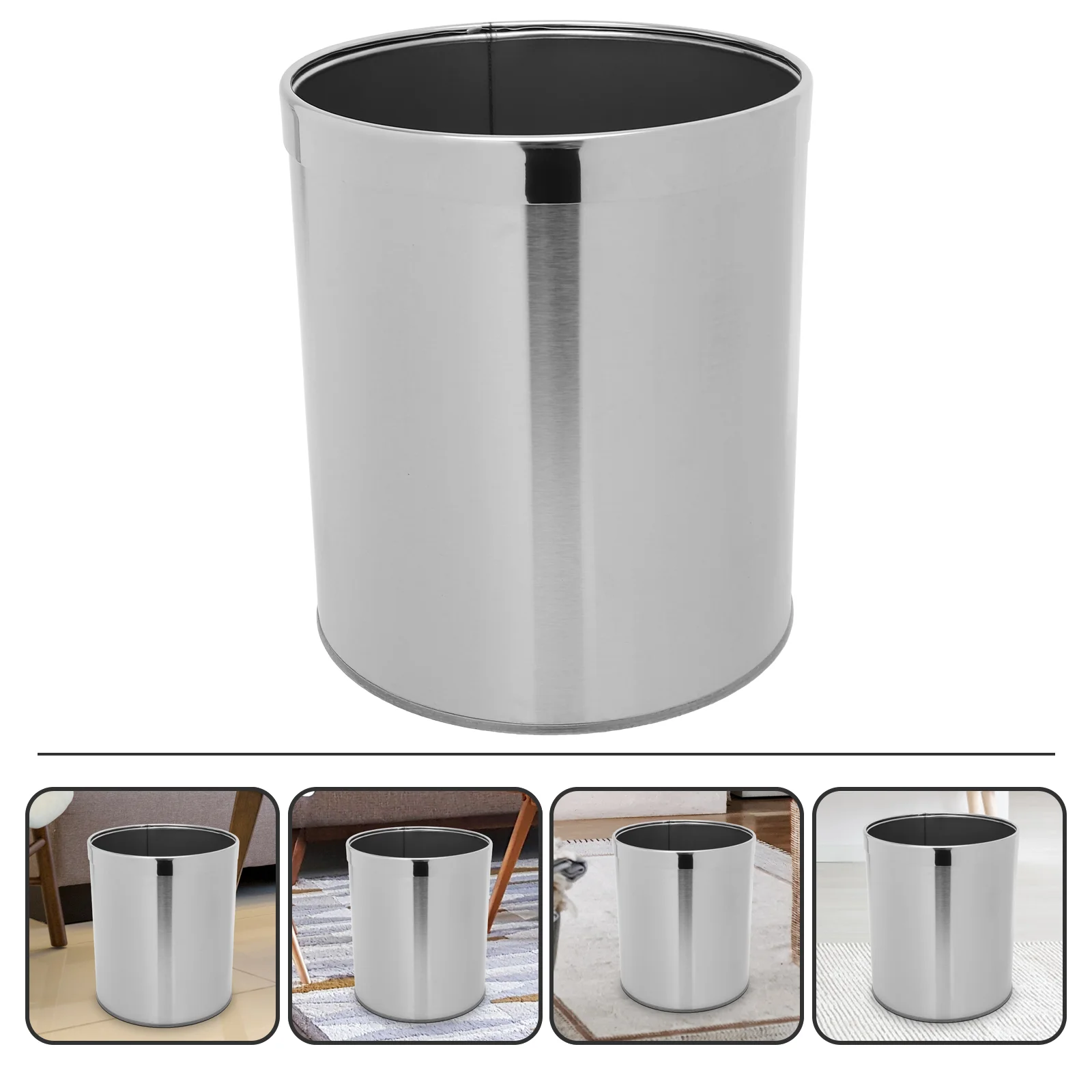 Office Trash Can Bathroom Wastebasket Stainless Steel Round Bins Kitchen Garbage Single Layer Silver Bedroom Trashcan